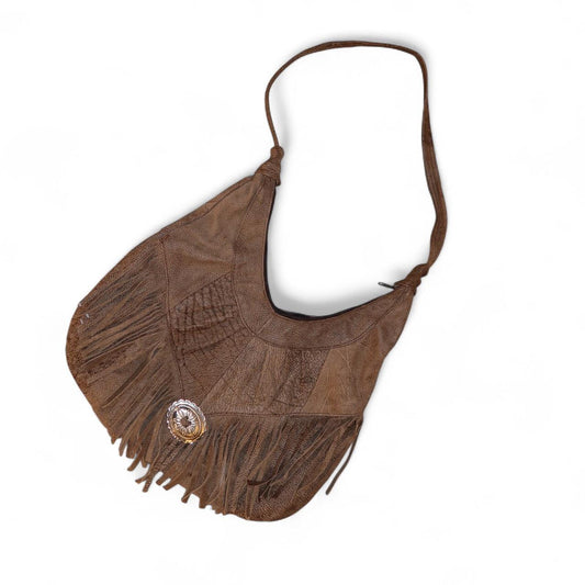 Vintage Brown Leather Fringe Hobo Bag 90s Y2K Western Boho Concho Shoulder Bag