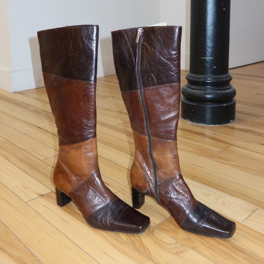 Vintage Patchwork Leather Knee-High Boots