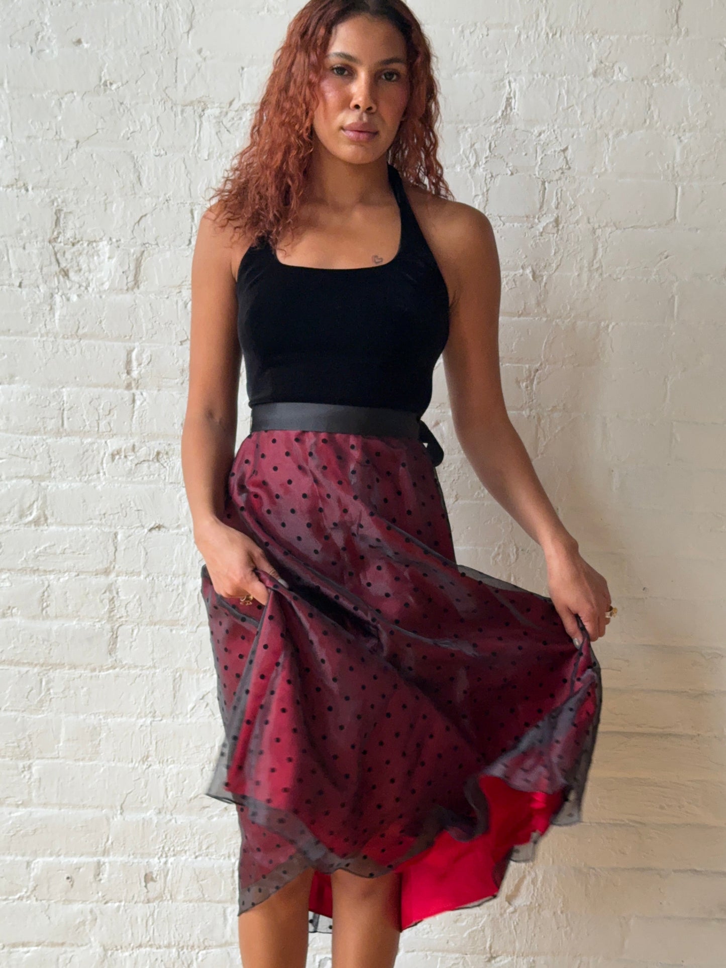 Vintage Betsy & Adam Black Velvet & Polka Dot Sheer Midi Dress