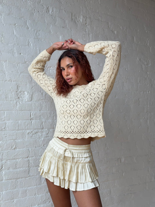 Vintage-Inspired Cream Pointelle Knit Sweater - Romantic French Girl Cotton Top