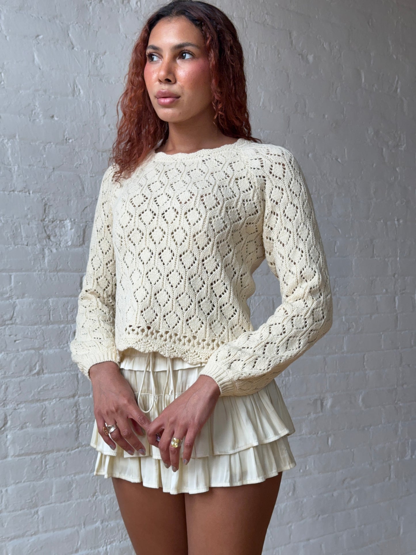 Vintage-Inspired Cream Pointelle Knit Sweater - Romantic French Girl Cotton Top