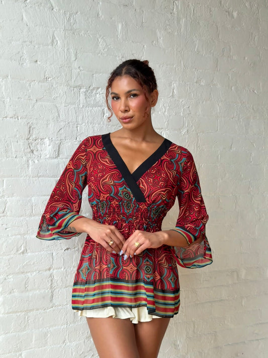 Y2K Bisou Bisou Psychedelic Empire Mesh Top