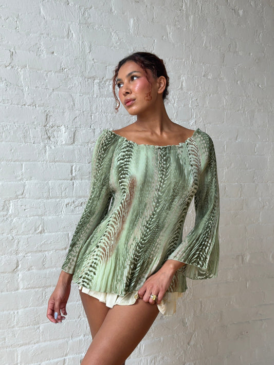 Y2K Sage Green Off Shoulder Pleated Bell Sleeve Tunic Top