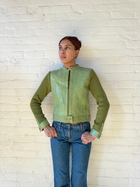 Vintage Pistachio Leather Knit Panel Jacket