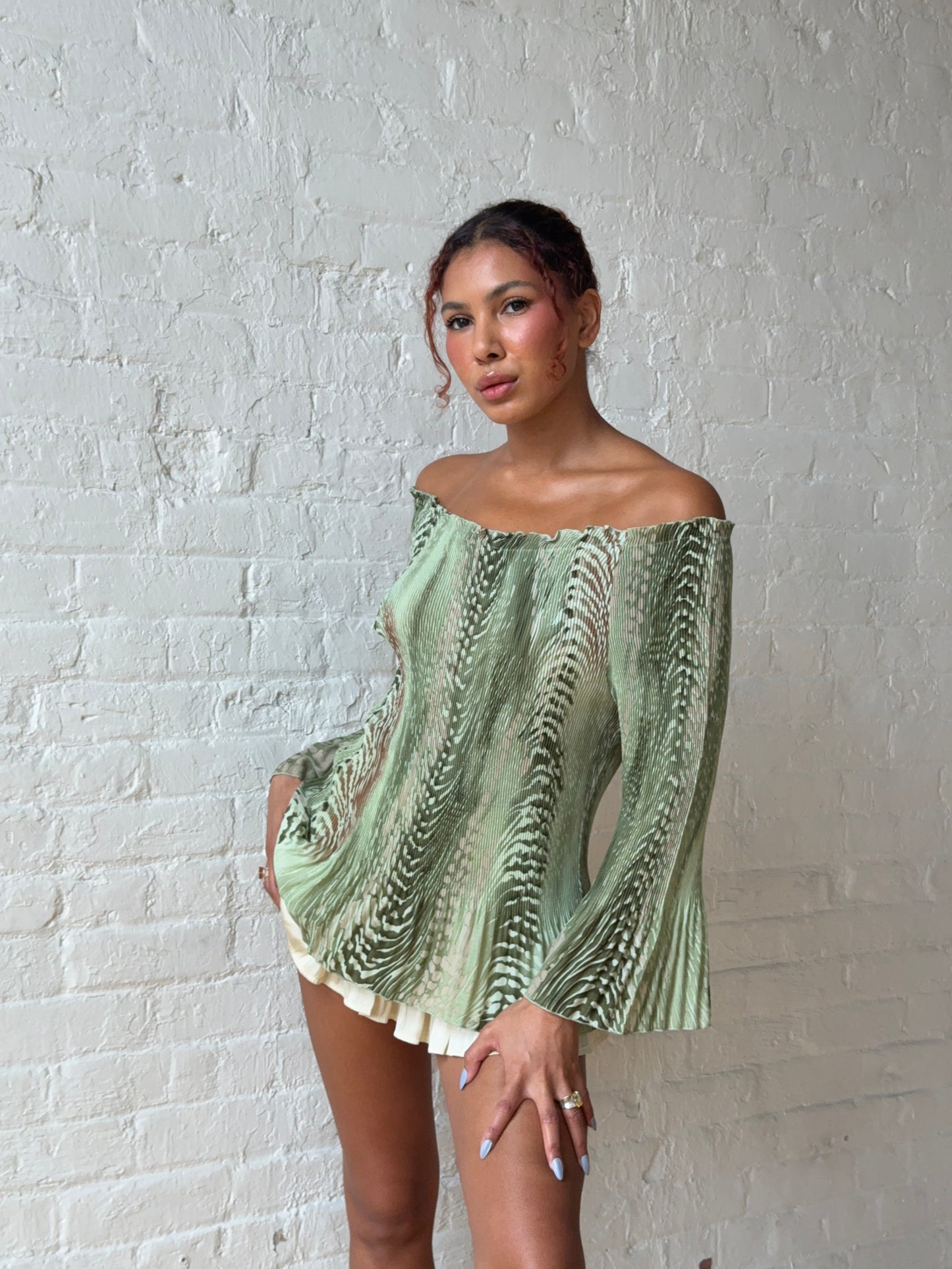 Y2K Sage Green Off Shoulder Pleated Bell Sleeve Tunic Top