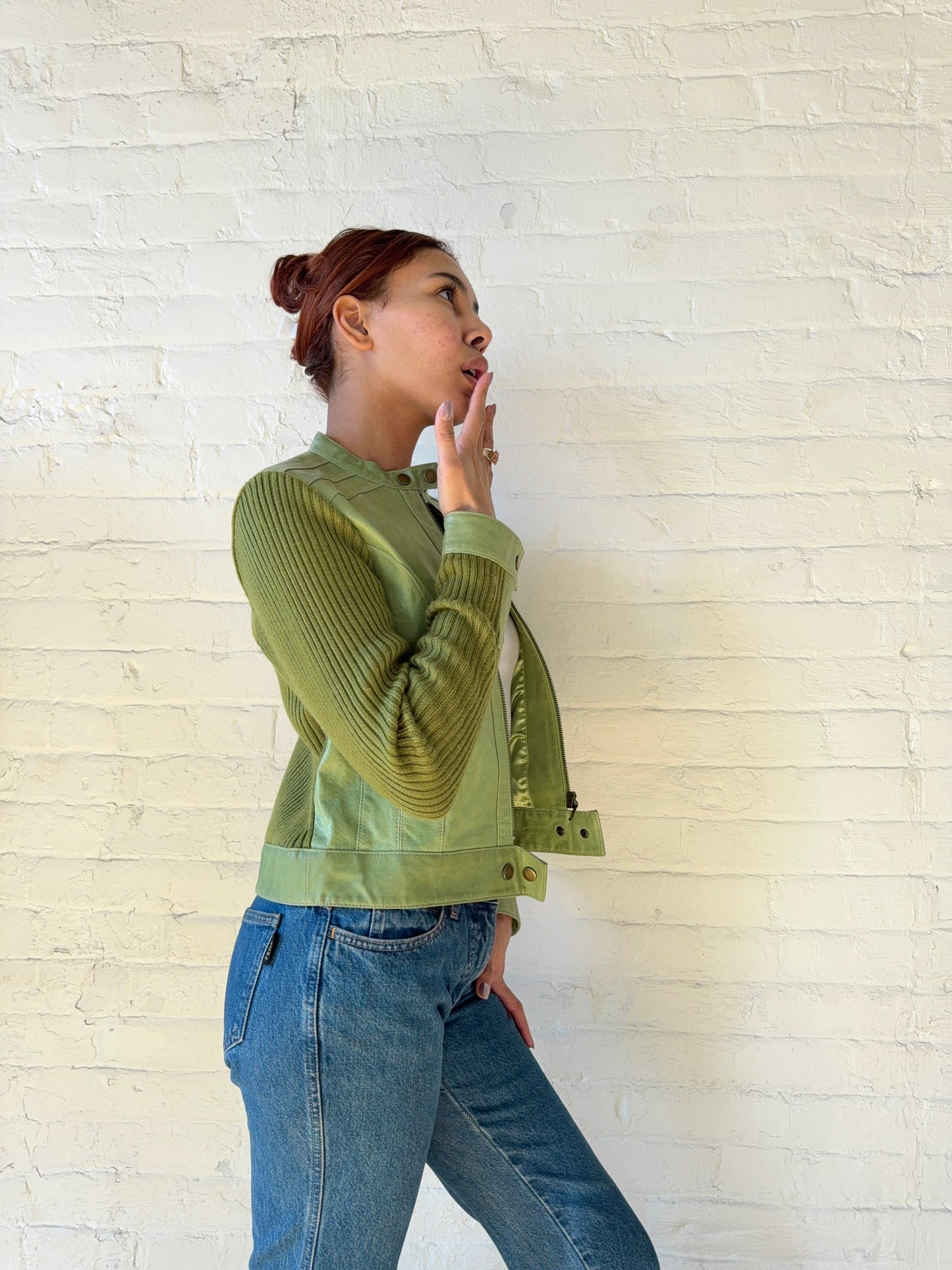 Vintage Pistachio Leather Knit Panel Jacket