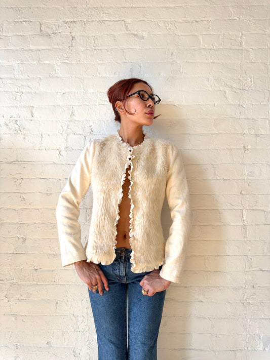 Vintage Cream Faux Fur Trim Jacket