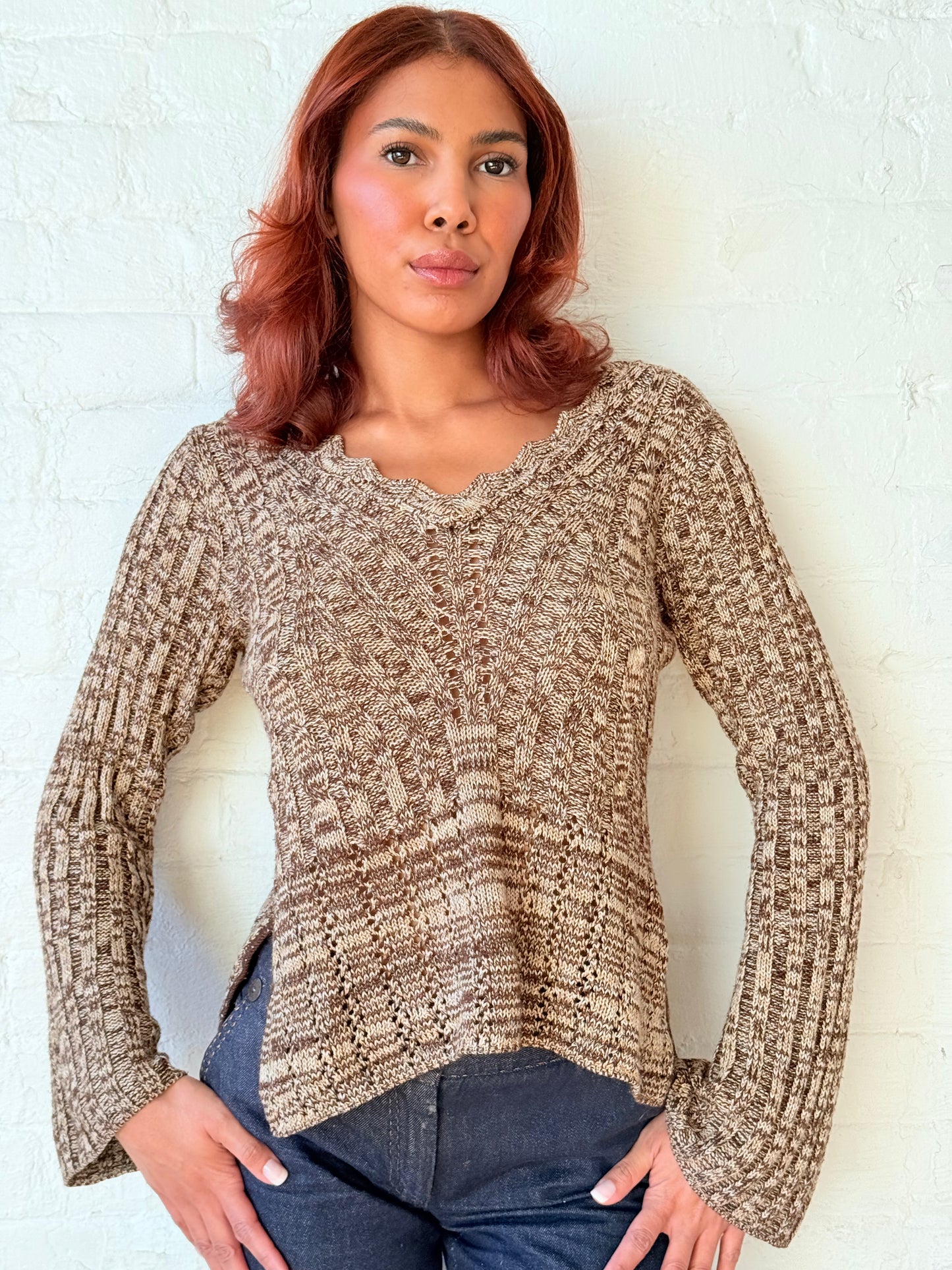 1990s Brown Marl Bell Sleeve Knit Sweater
