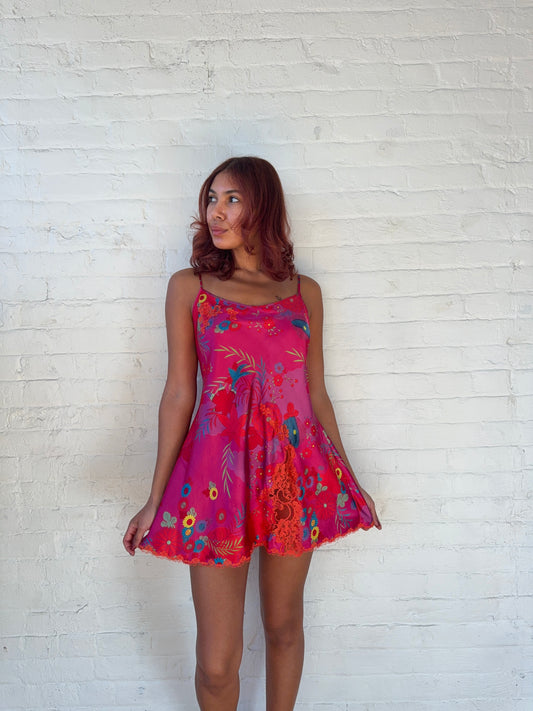 2000s Victoria's Secret Hot Pink Floral Satin Slip Mini Dress