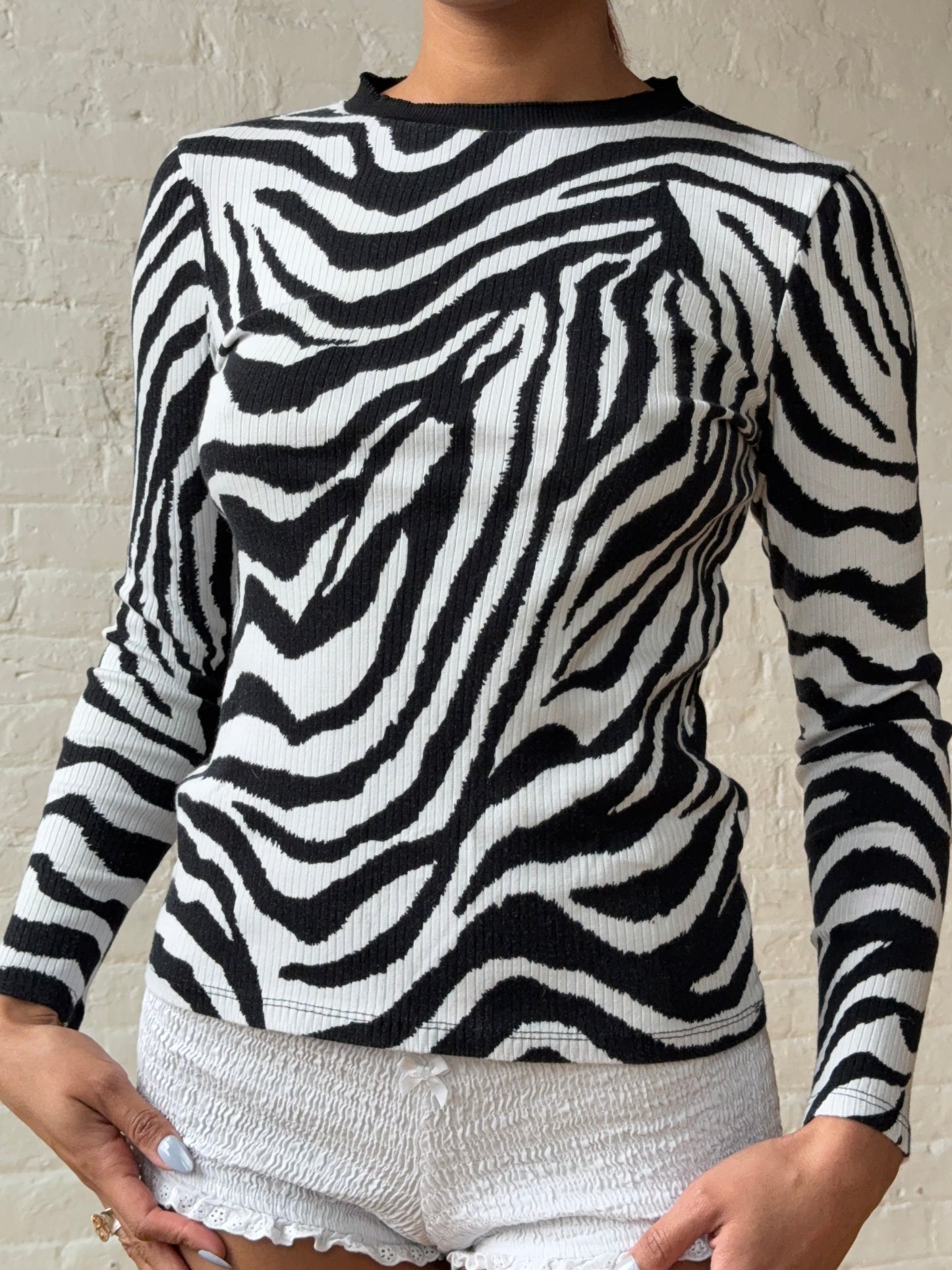 Vintage 2000s Zebra Print Fitted Long Sleeve Top