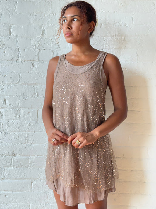 Vintage Double Layer Sequin Mesh Mini Dress