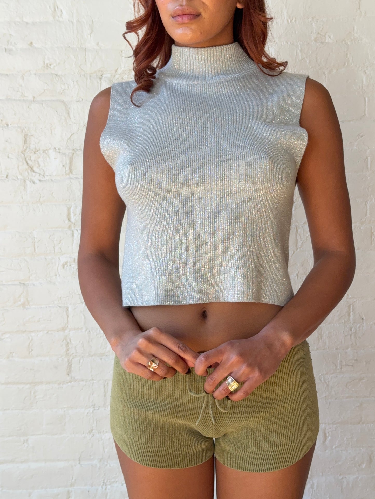 Vintage Silver Metallic Mock Neck Knit Top