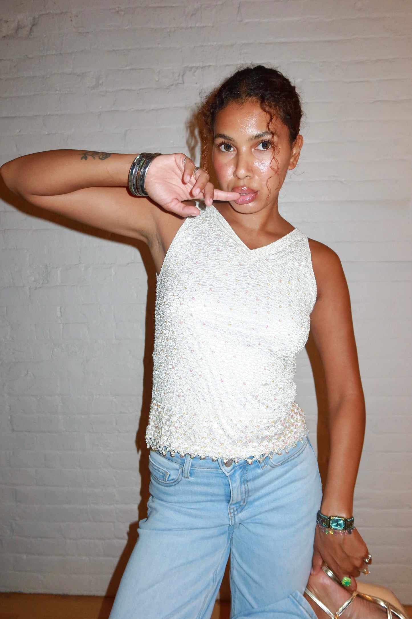 White Euro Beaded Crochet Tank