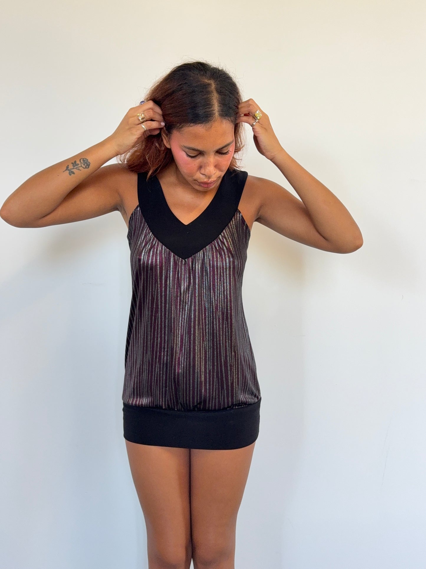 Studio Y Metallic Plum Stripe Tunic Top