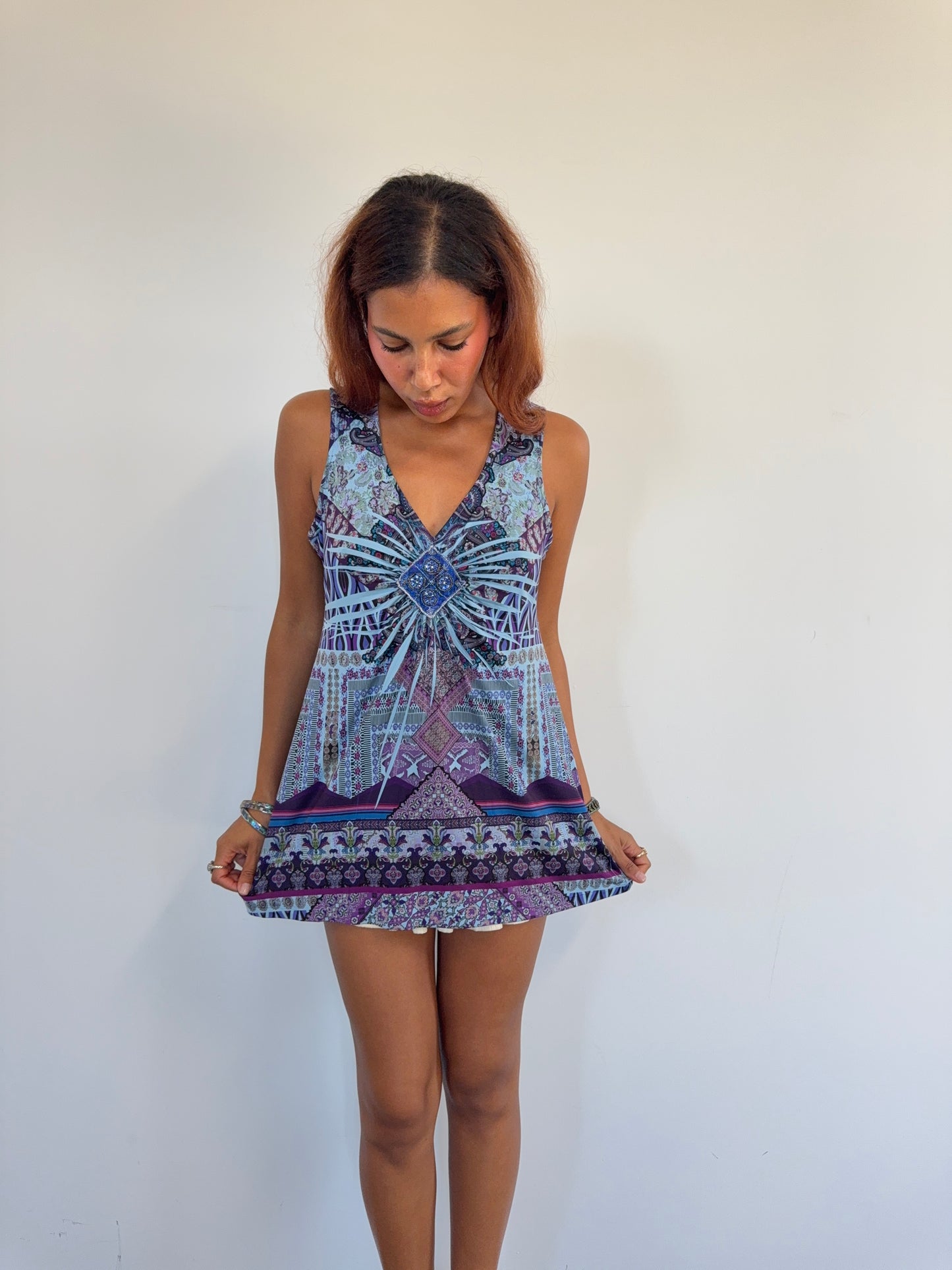 Vintage Beaded Medallion Print Tunic Top