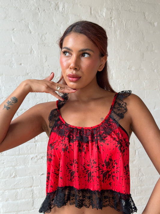 2000s Red & Black Lace Ruffle Cami