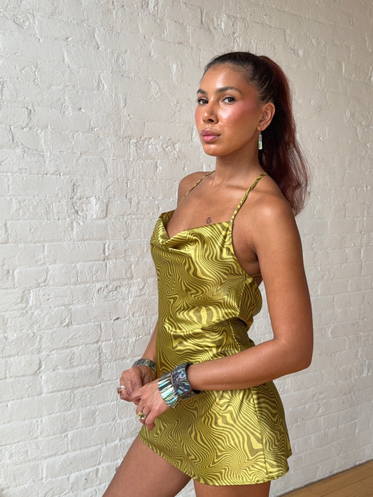 Vintage 2000s Green Zebra Swirl Satin Cowl Mini Dress