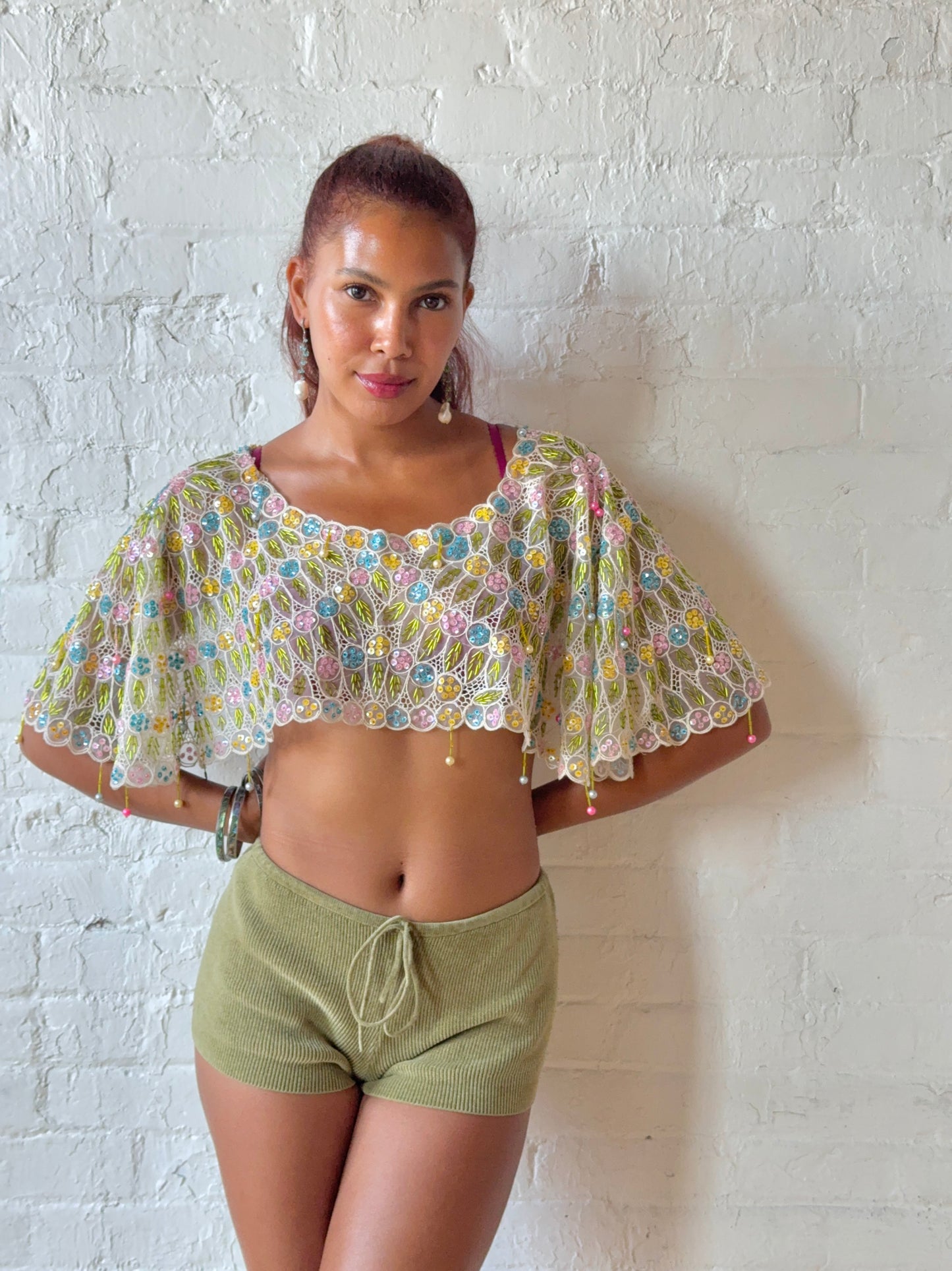 Rare Hand Beaded Pastel Floral Caplet Top | One of A Kind Statement Piece