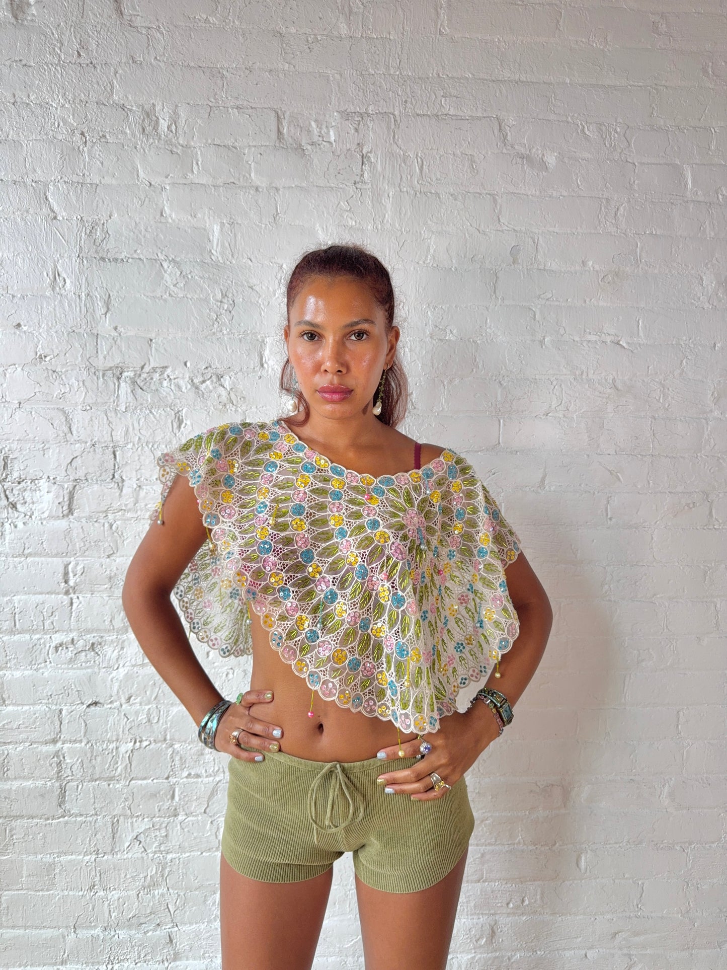 Rare Hand Beaded Pastel Floral Caplet Top | One of A Kind Statement Piece