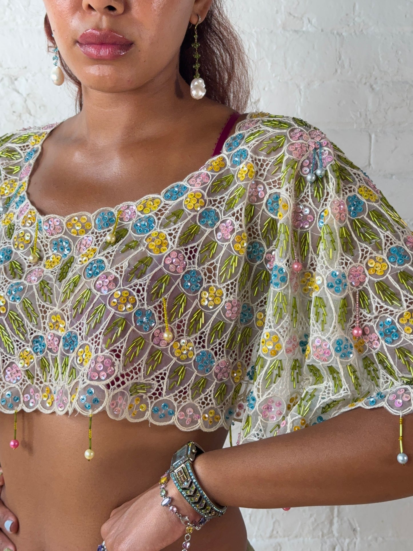 Rare Hand Beaded Pastel Floral Caplet Top | One of A Kind Statement Piece