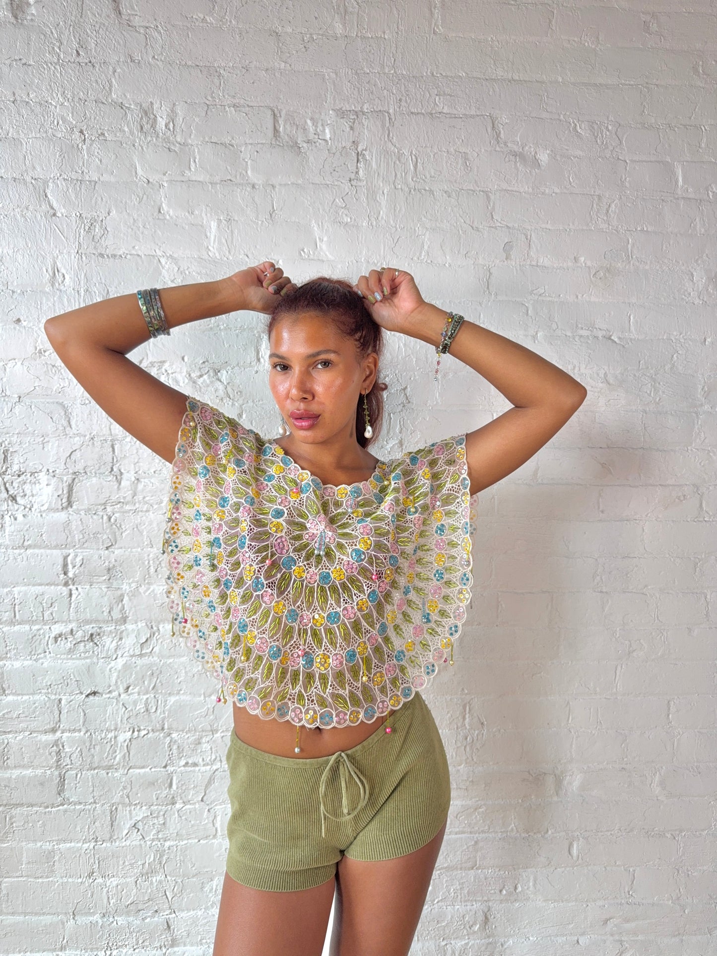 Rare Hand Beaded Pastel Floral Caplet Top | One of A Kind Statement Piece
