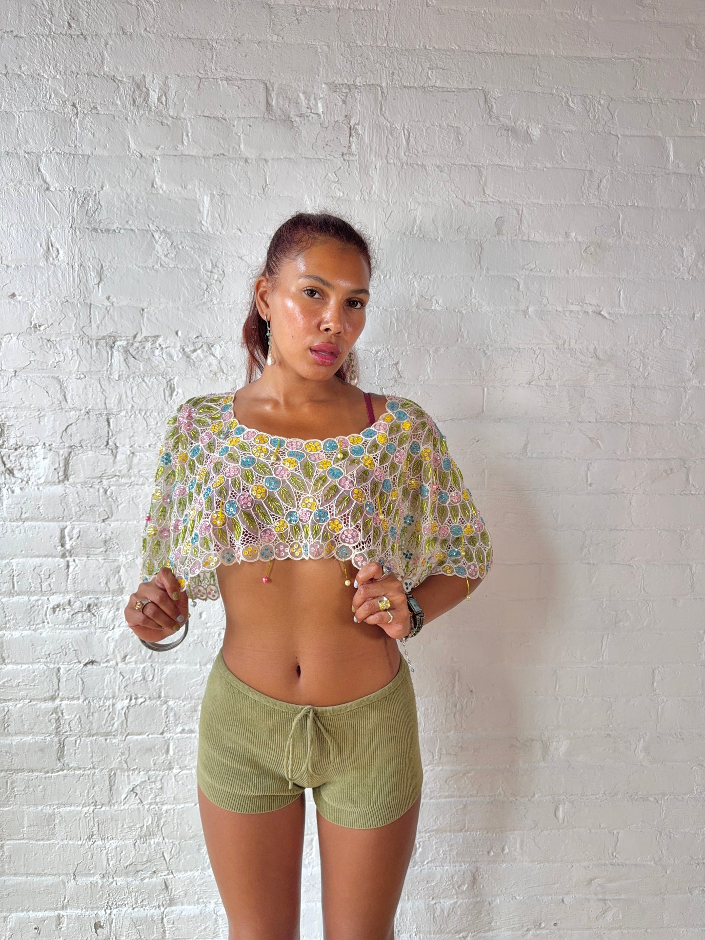 Rare Hand Beaded Pastel Floral Caplet Top | One of A Kind Statement Piece
