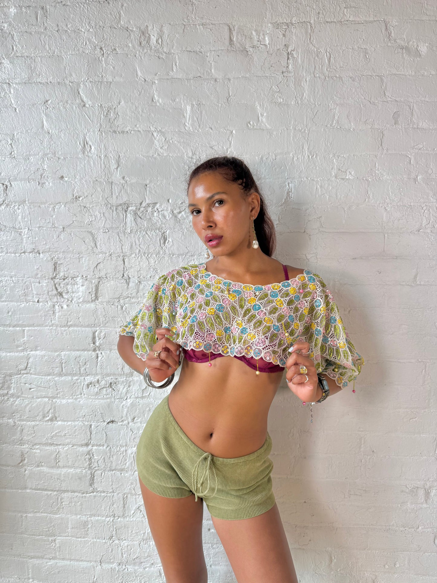 Rare Hand Beaded Pastel Floral Caplet Top | One of A Kind Statement Piece