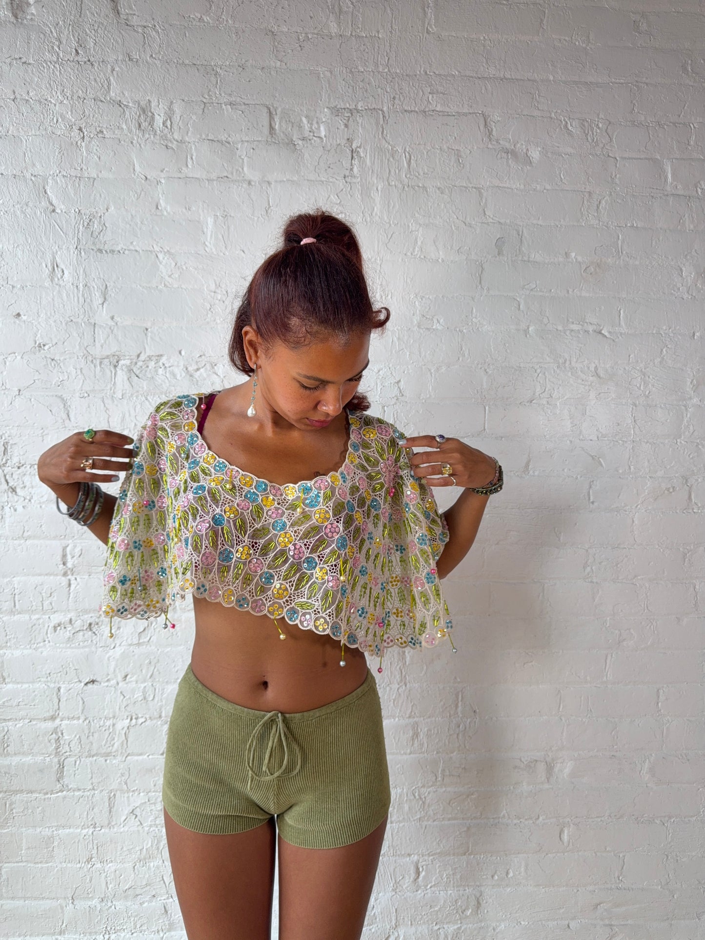 Rare Hand Beaded Pastel Floral Caplet Top | One of A Kind Statement Piece