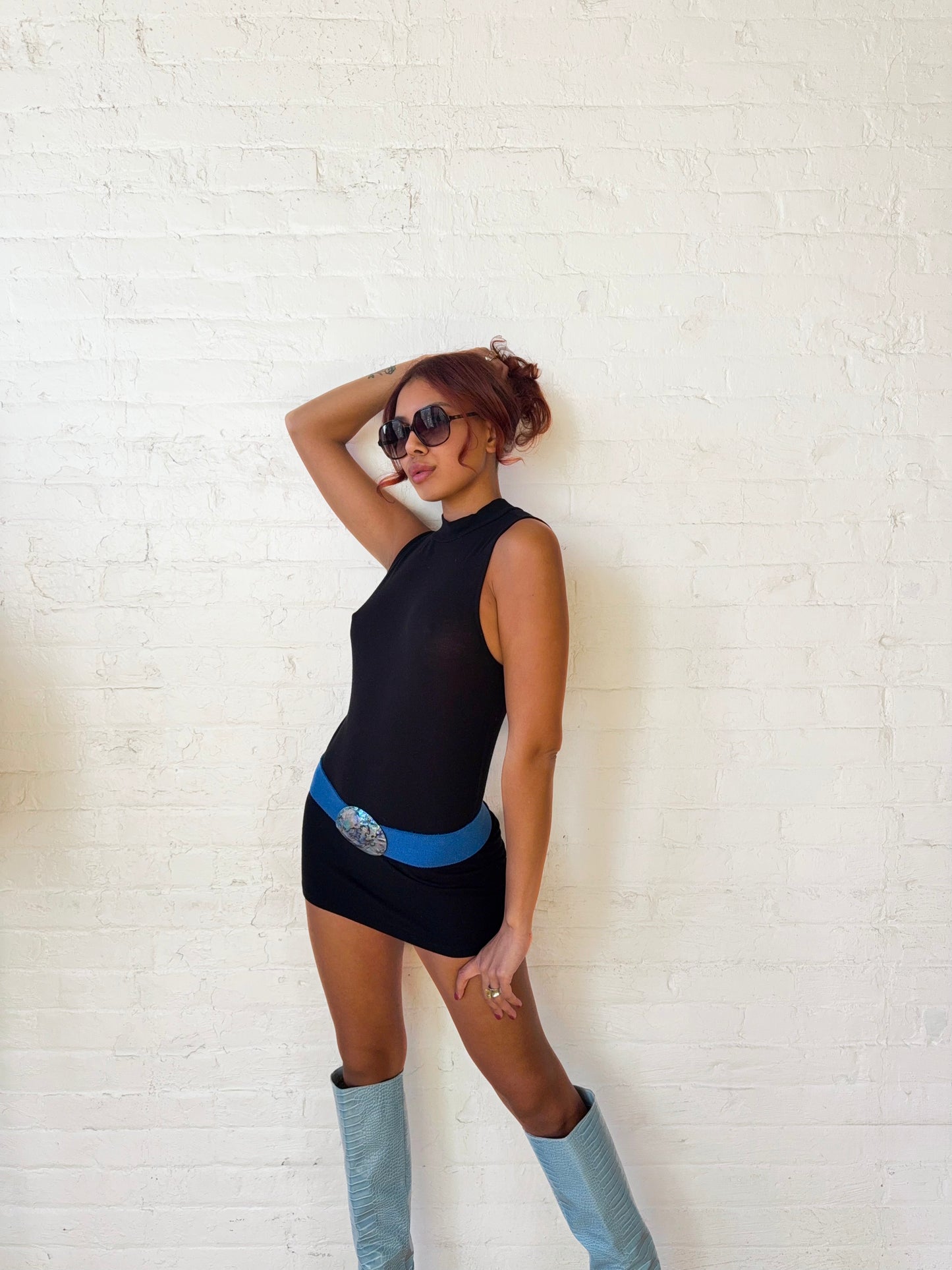 1990s Black Mock Neck Mini Dress - Minimal Sleeveless