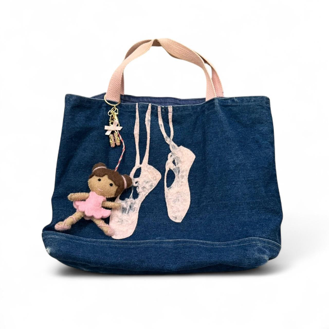 Y2K Denim Ballet Tote Bag with Pink Handles
