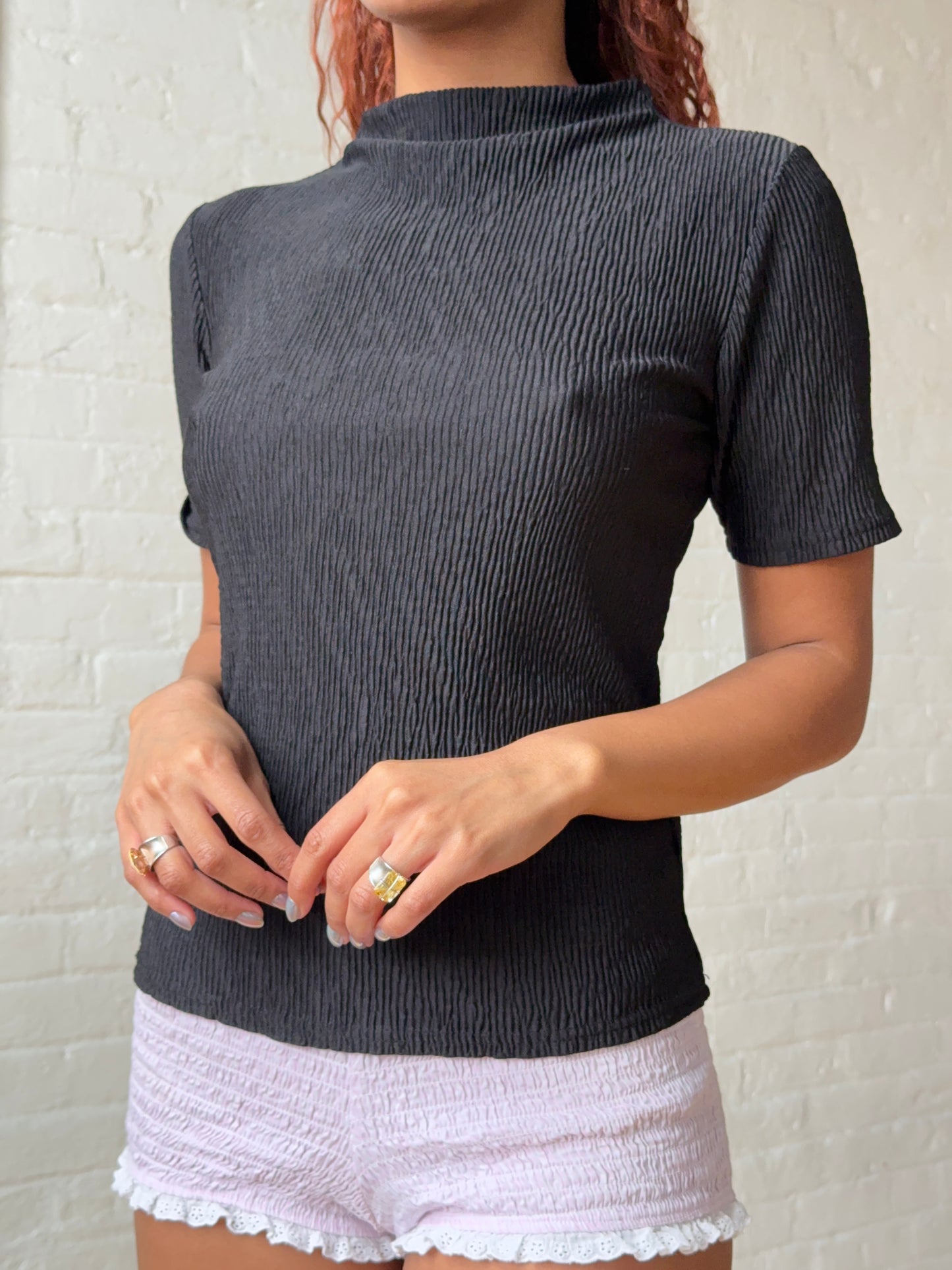 Vintage Y2K Black Pleated Boat Neck Top Minimalist Stretch Blouse