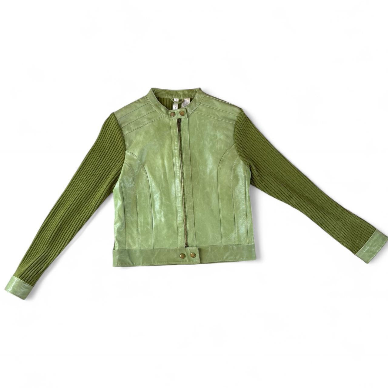 Vintage Pistachio Leather Knit Panel Jacket