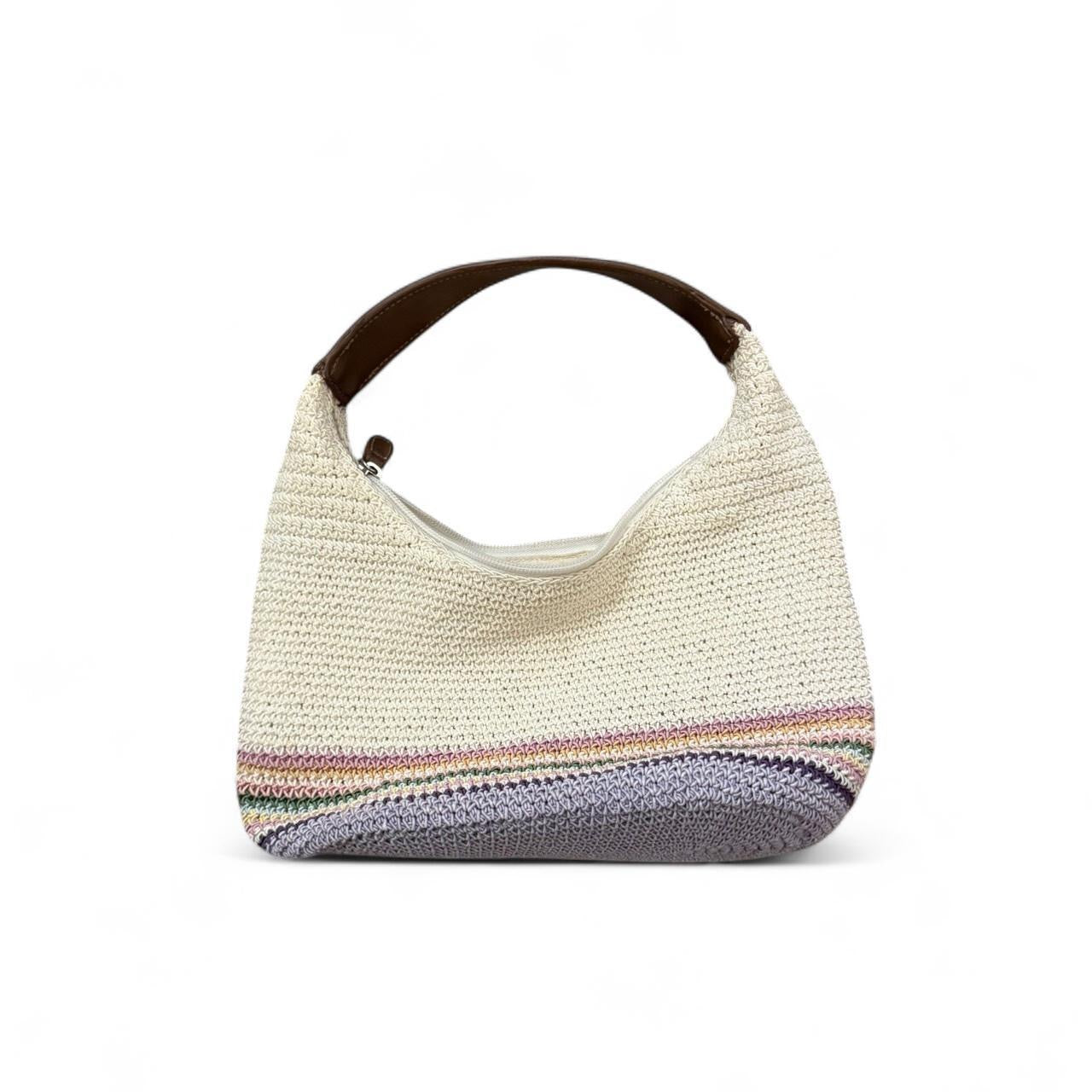 Vintage Woven Pastel Stripe Shoulder Bag with Leather Handle