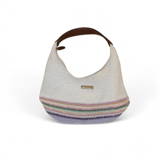 Vintage Woven Pastel Stripe Shoulder Bag with Leather Handle