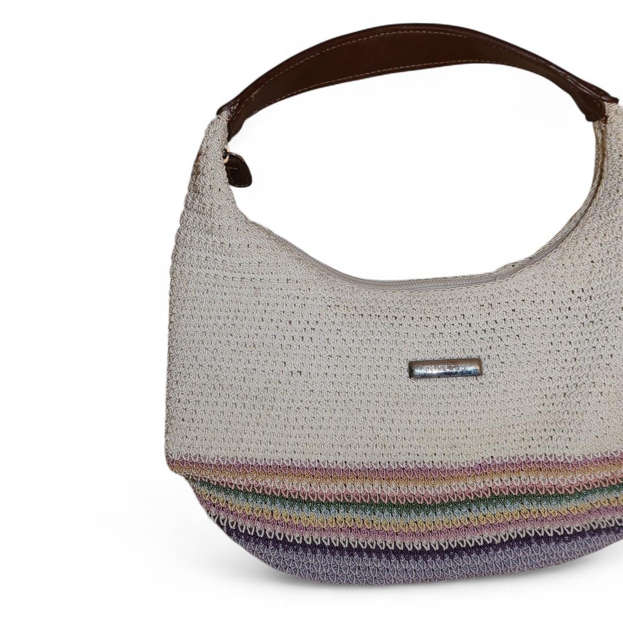 Vintage Woven Pastel Stripe Shoulder Bag with Leather Handle