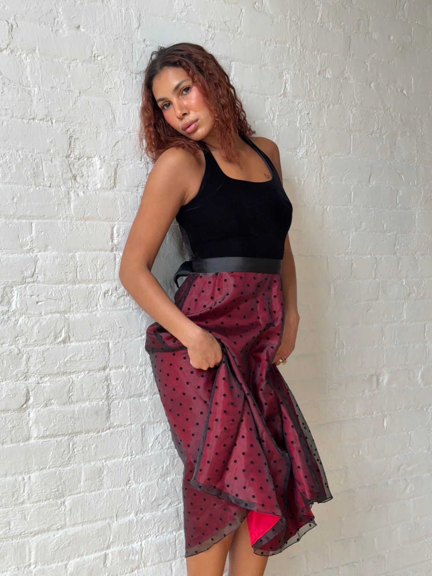 Vintage Betsy & Adam Black Velvet & Polka Dot Sheer Midi Dress