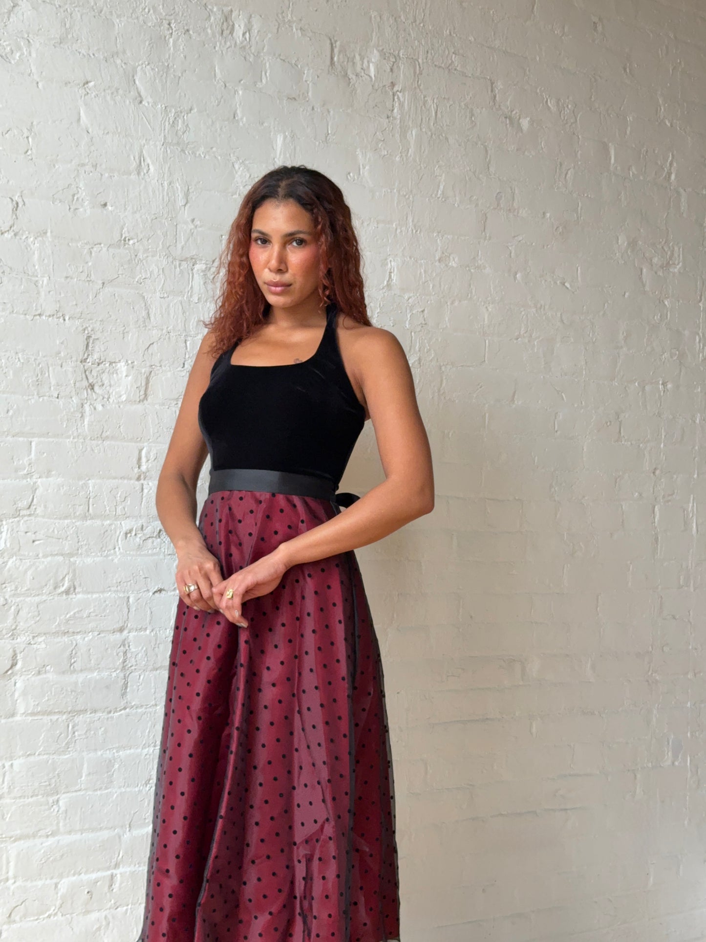 Vintage Betsy & Adam Black Velvet & Polka Dot Sheer Midi Dress