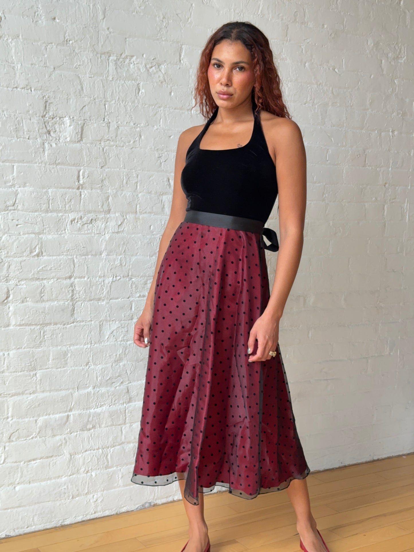 Vintage Betsy & Adam Black Velvet & Polka Dot Sheer Midi Dress