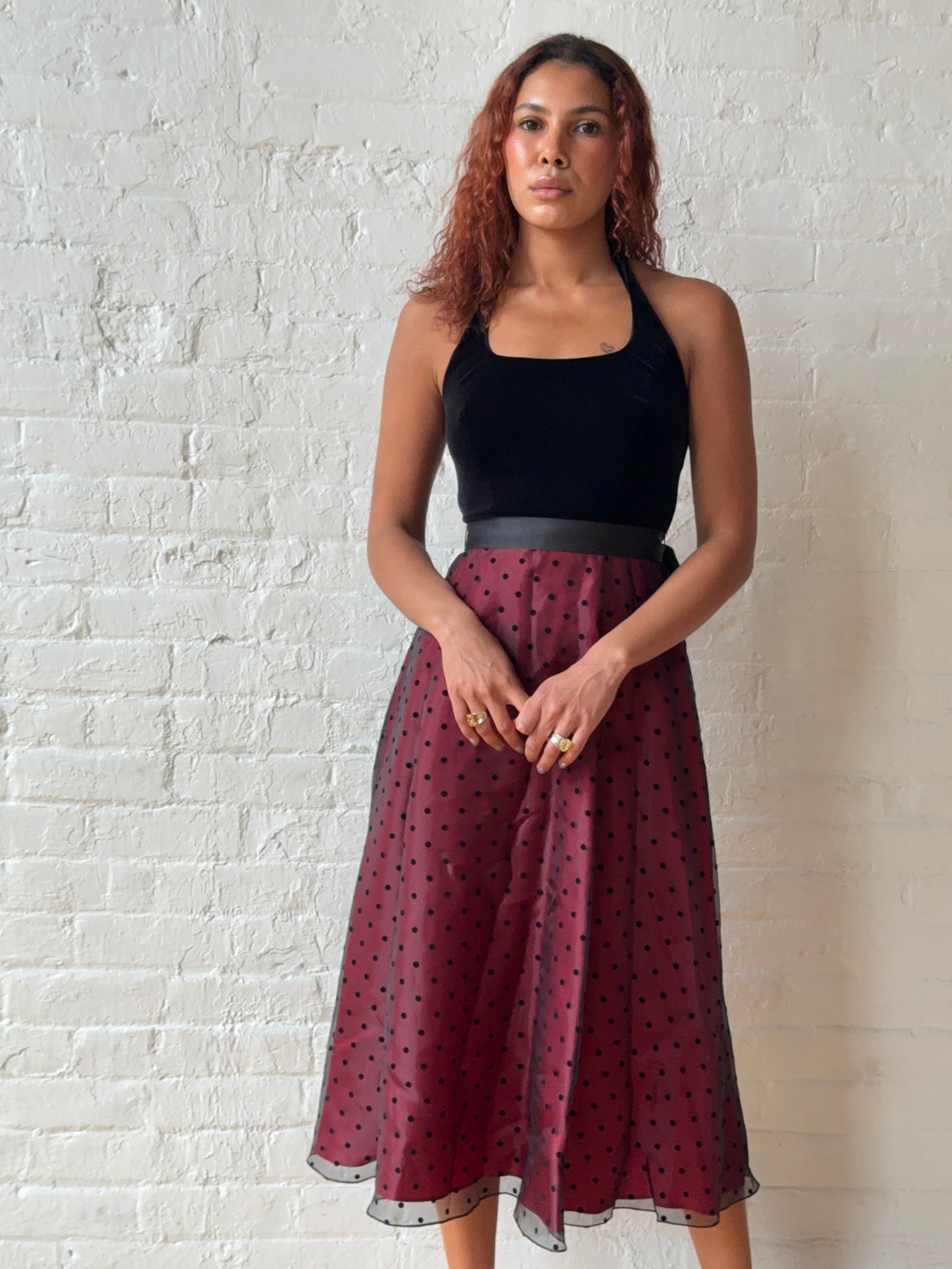 Vintage Betsy & Adam Black Velvet & Polka Dot Sheer Midi Dress