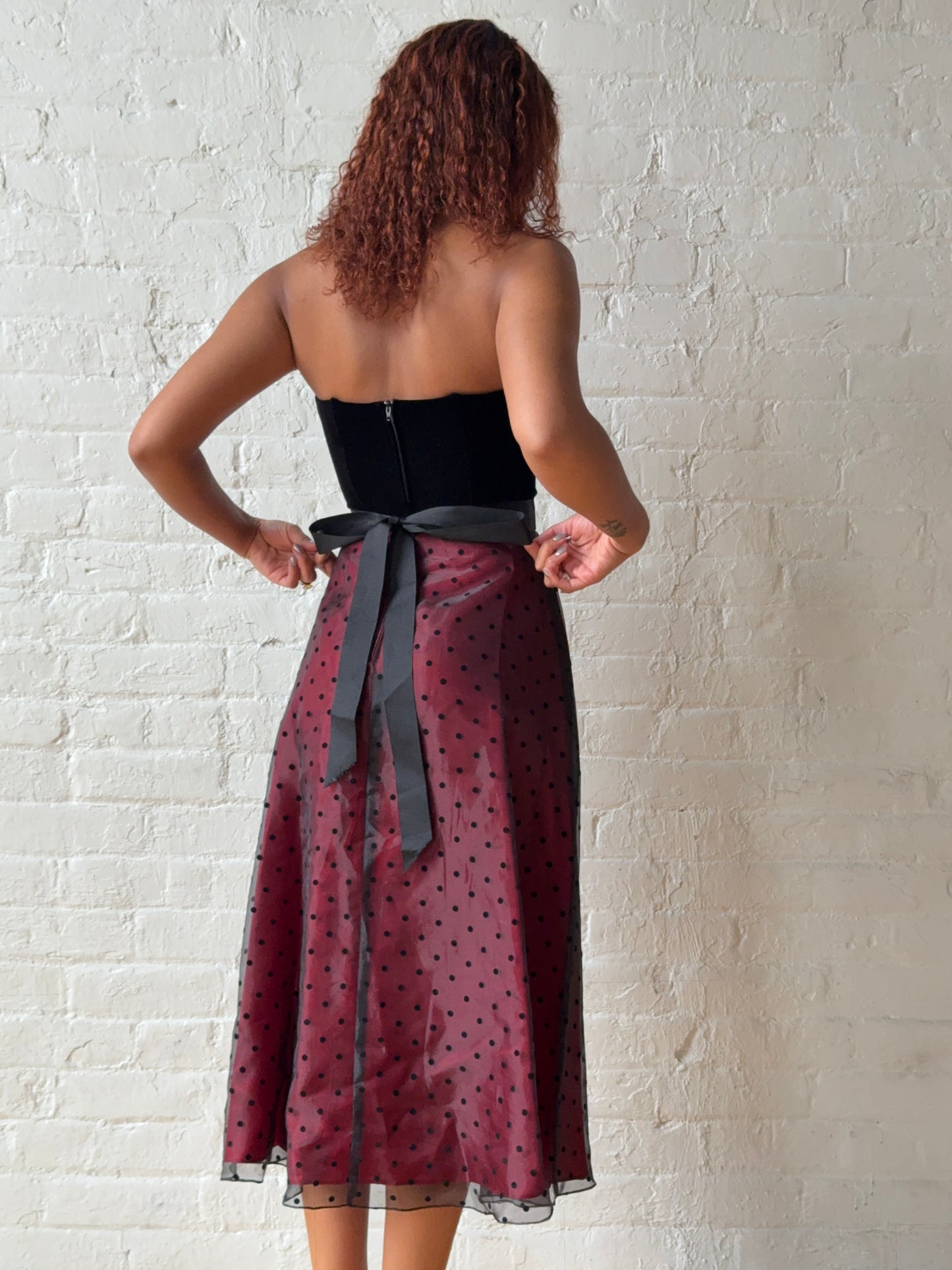 Vintage Betsy & Adam Black Velvet & Polka Dot Sheer Midi Dress