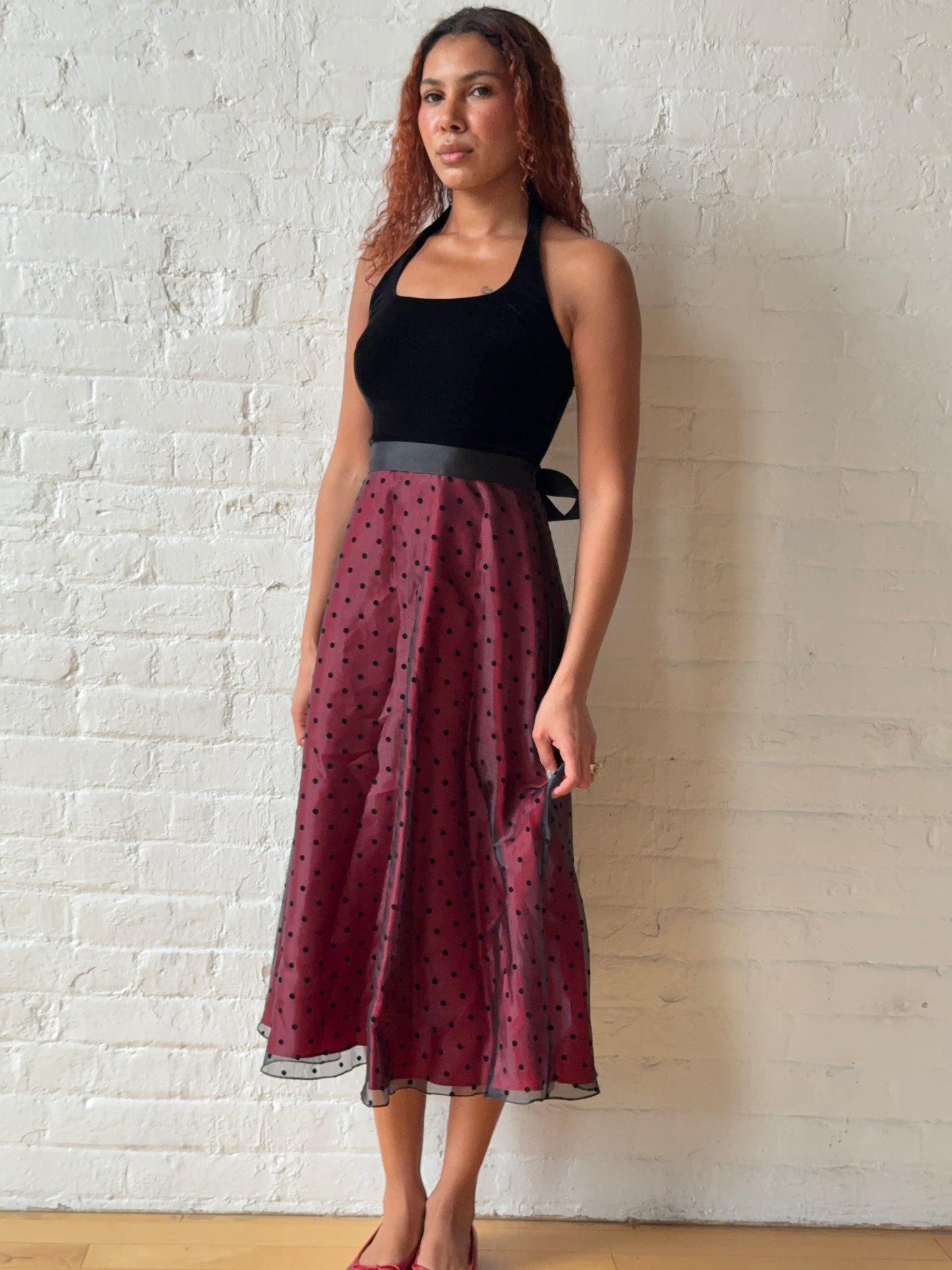 Vintage Betsy & Adam Black Velvet & Polka Dot Sheer Midi Dress