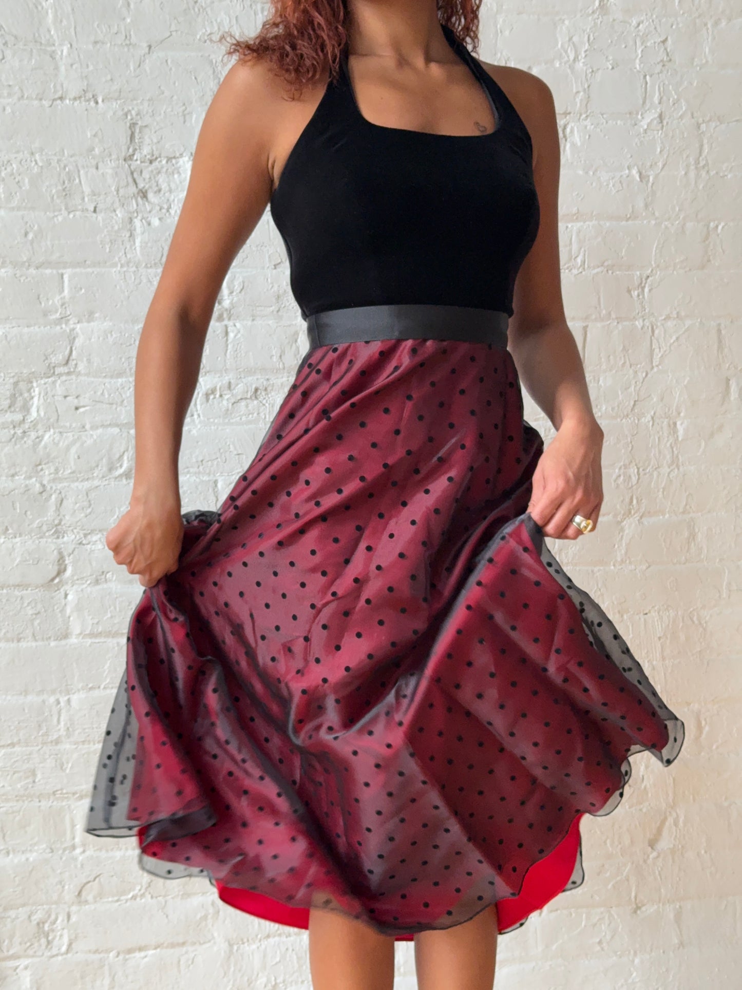 Vintage Betsy & Adam Black Velvet & Polka Dot Sheer Midi Dress