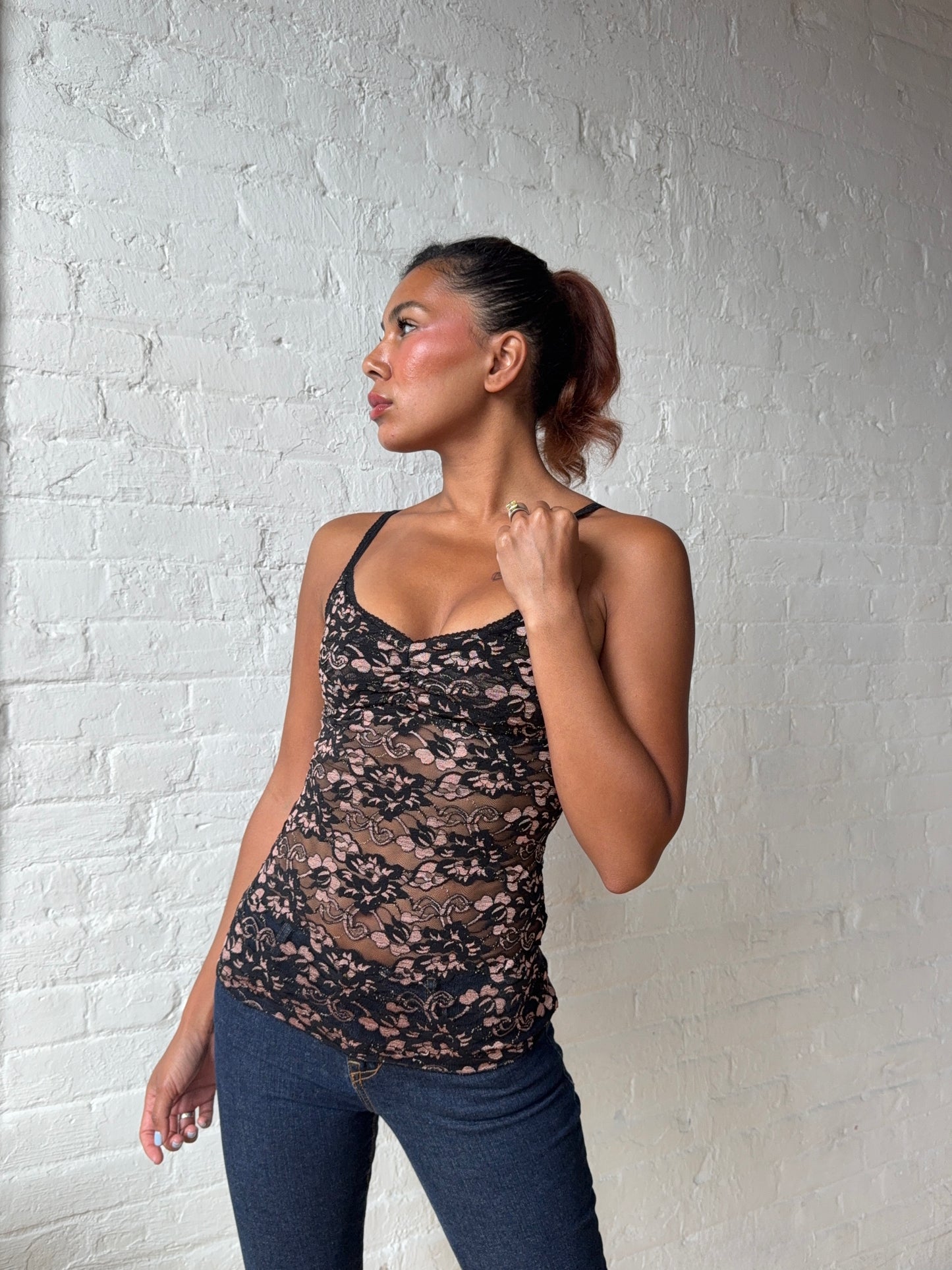 Black and Pink Floral Lace Camisole