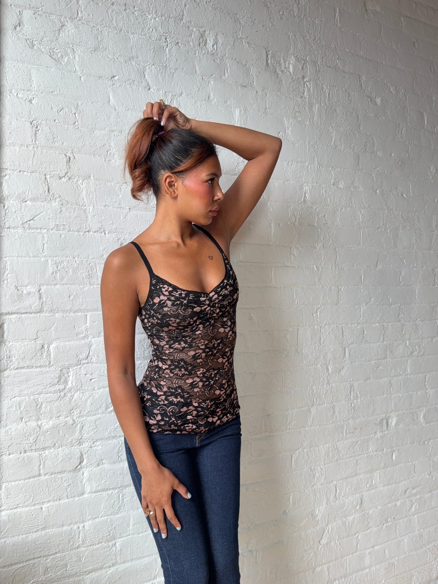 Black and Pink Floral Lace Camisole