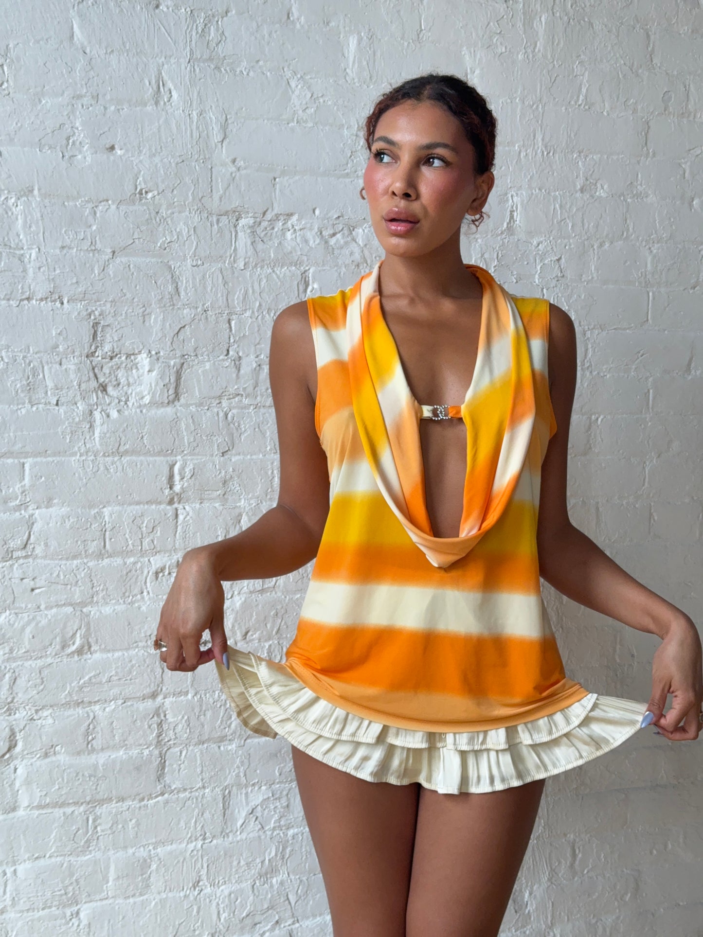 Y2K Sunset Ombre Drape Neck Top – Crush by A&G Cowl Neck Rhinestone Detail Tank