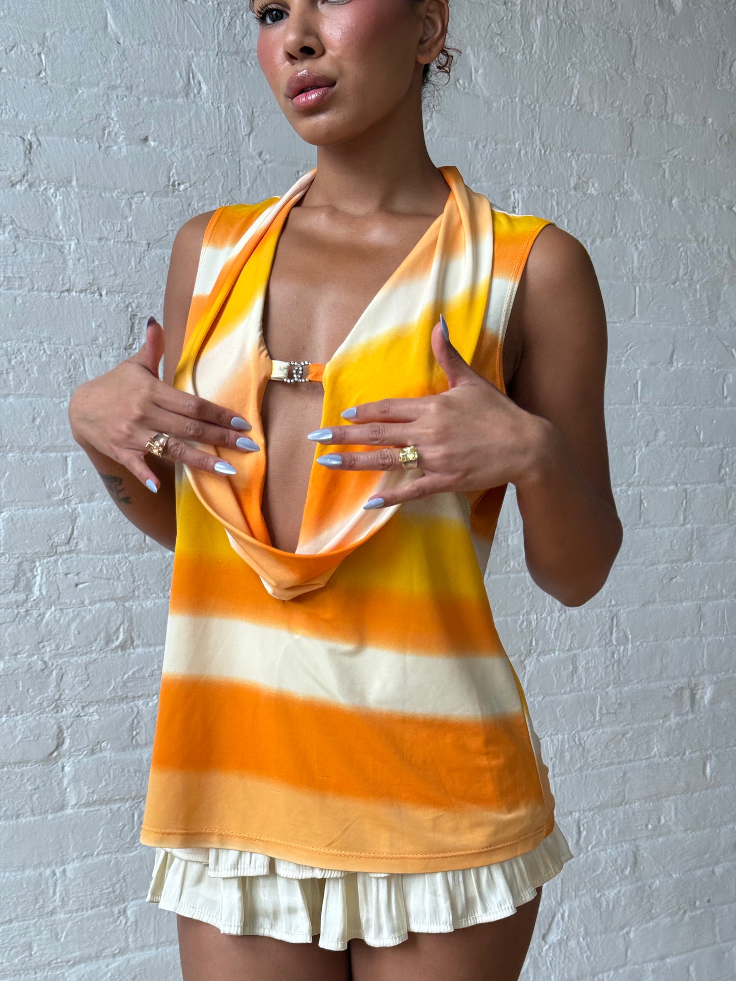 Y2K Sunset Ombre Drape Neck Top – Crush by A&G Cowl Neck Rhinestone Detail Tank