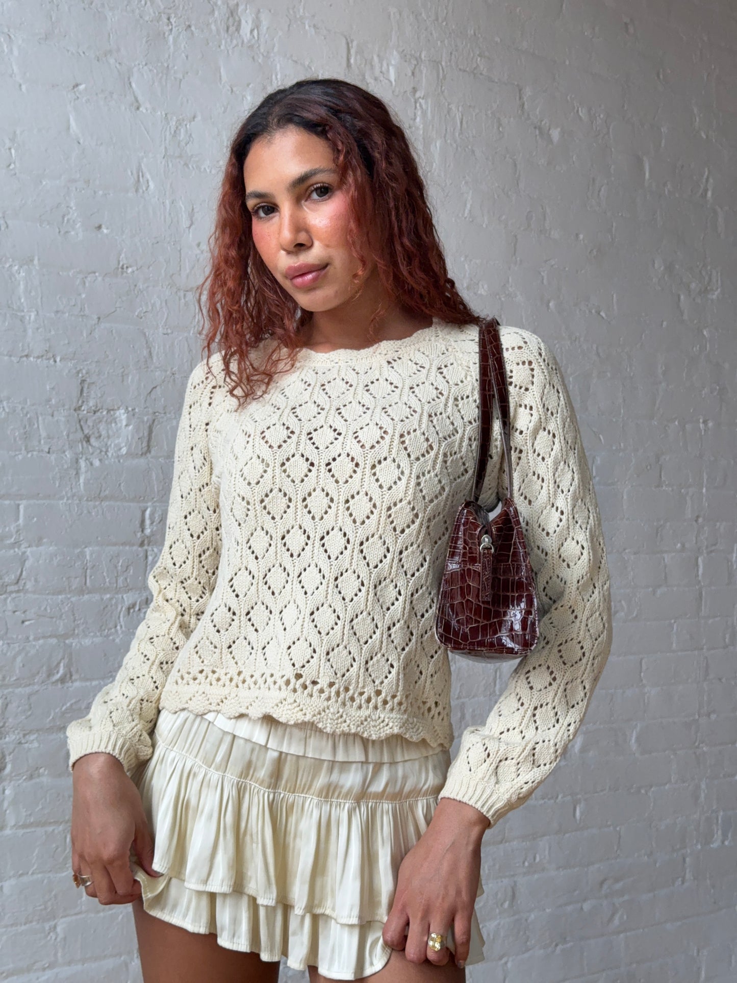 Vintage-Inspired Cream Pointelle Knit Sweater - Romantic French Girl Cotton Top