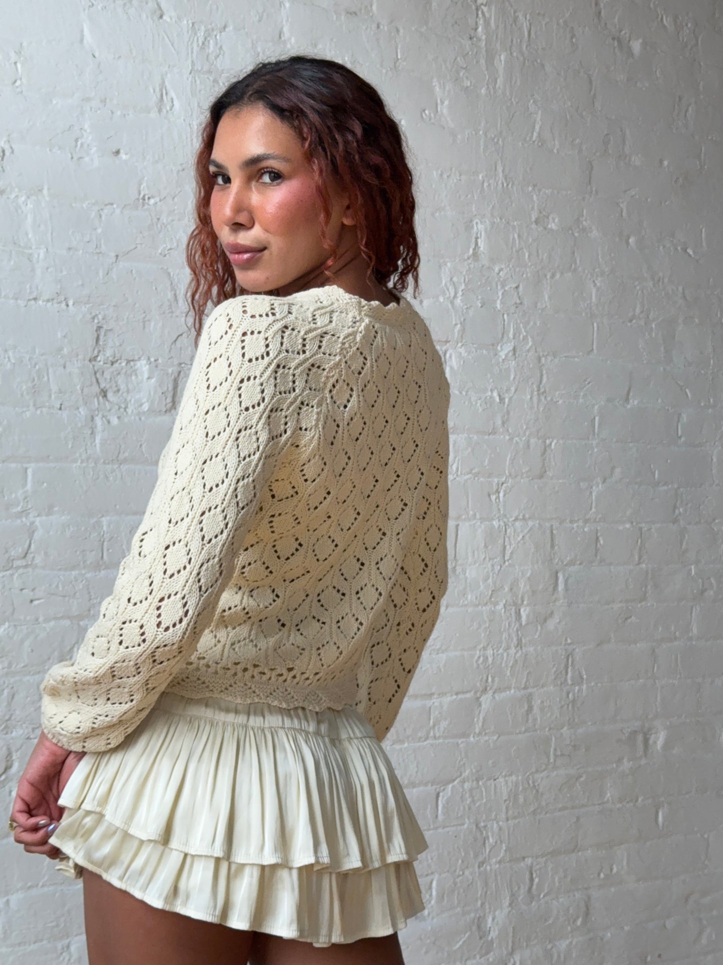 Vintage-Inspired Cream Pointelle Knit Sweater - Romantic French Girl Cotton Top