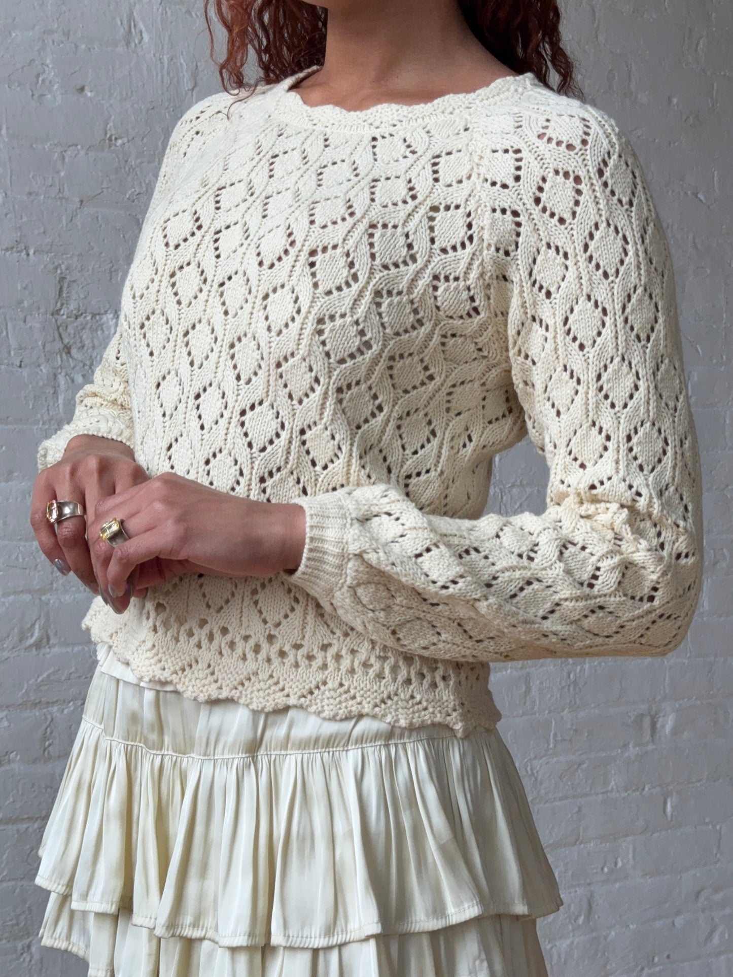 Vintage-Inspired Cream Pointelle Knit Sweater - Romantic French Girl Cotton Top