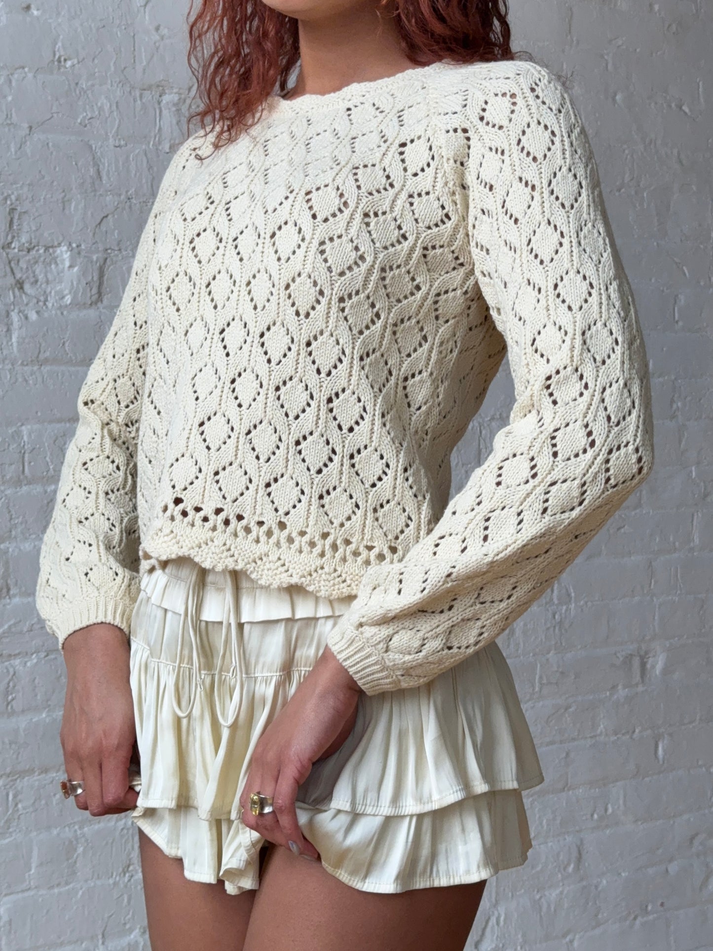 Vintage-Inspired Cream Pointelle Knit Sweater - Romantic French Girl Cotton Top